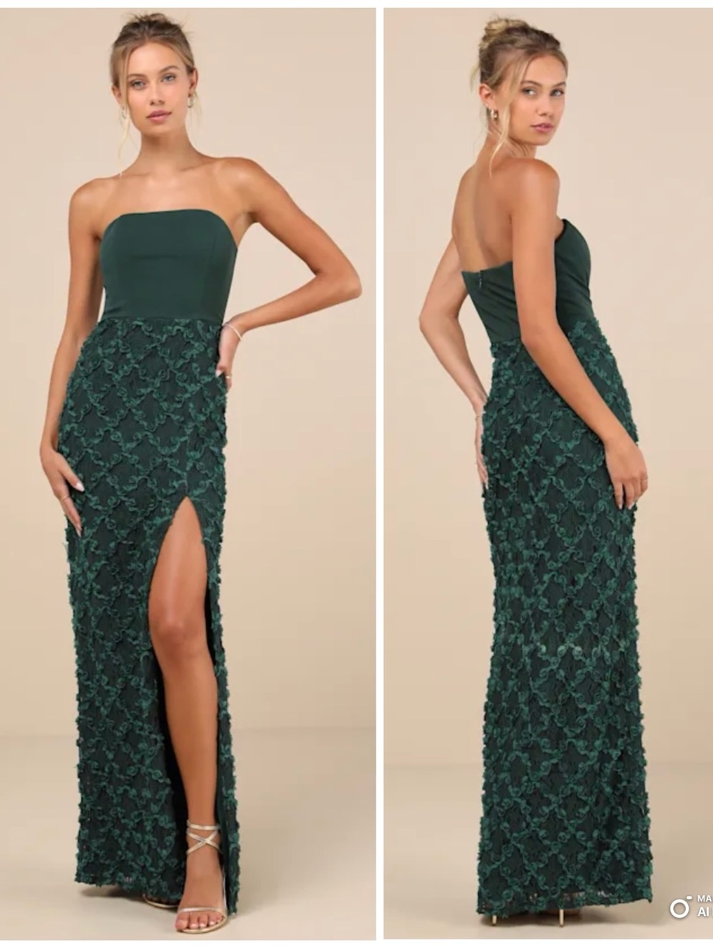 Lulu's Forest Green Strapless Maxi Dress with Side Slit